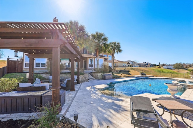 view of pool with an in ground hot tub, a pergola, and a patio area