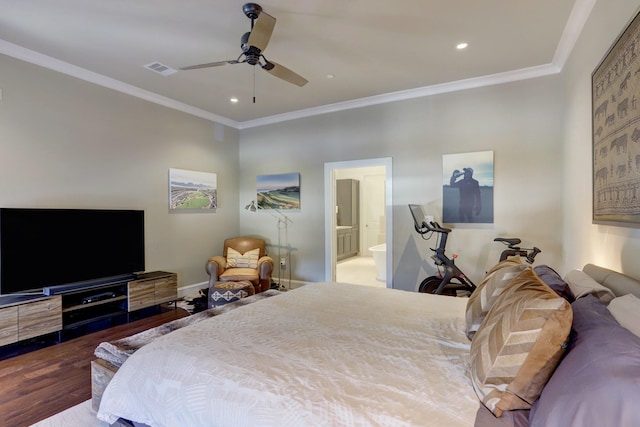 bedroom with dark wood-style floors, recessed lighting, visible vents, and crown molding