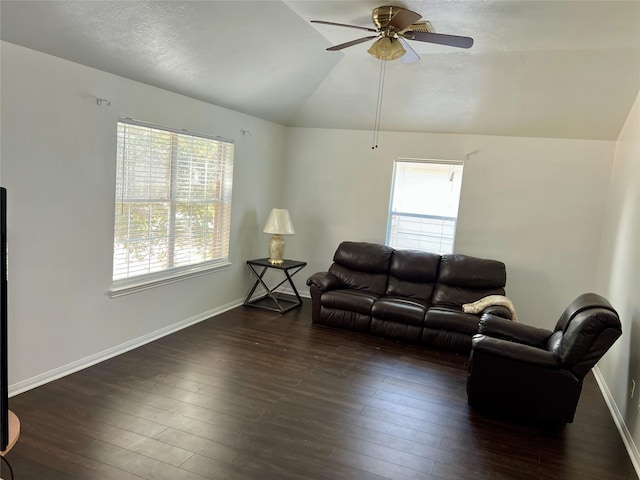 living room with vaulted ceiling, dark hardwood / wood-style floors, and plenty of natural light