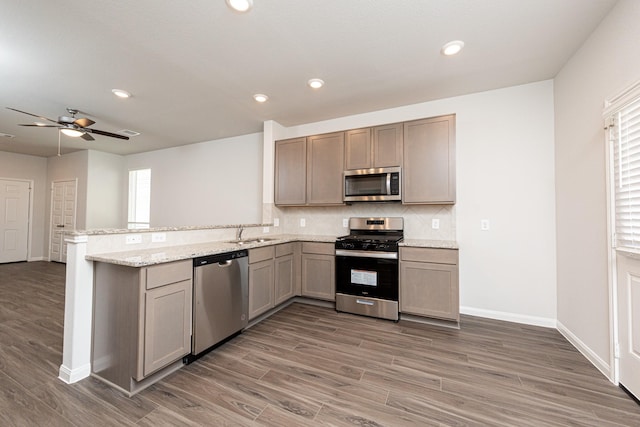 kitchen featuring plenty of natural light, wood finished floors, appliances with stainless steel finishes, a peninsula, and decorative backsplash