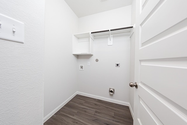 laundry room with laundry area, electric dryer hookup, washer hookup, dark wood-type flooring, and hookup for a gas dryer