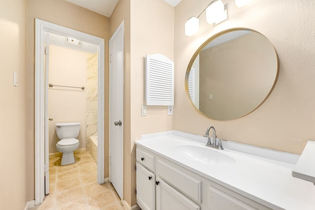 full bathroom with bathtub / shower combination, vanity, toilet, and tile patterned flooring