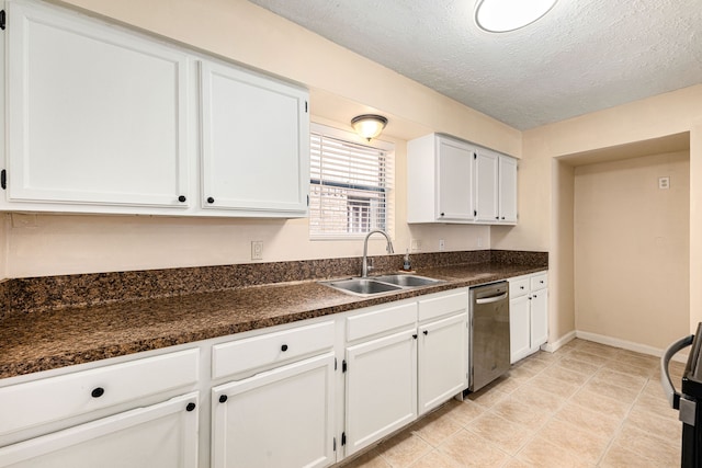 1727 Oakwell Ln, Katy, TX 77449 - kitchen with dishwasher, a sink, white cabinets, dark countertops, and a textured ceiling