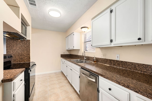 kitchen with sink, light tile patterned floors, black / electric stove, dishwasher, and white cabinets