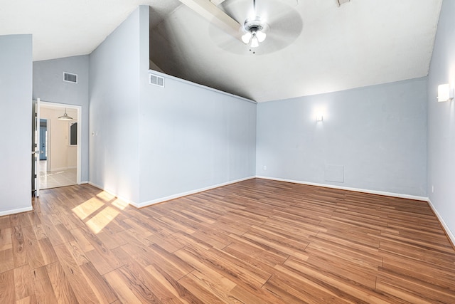 interior space with vaulted ceiling, light hardwood / wood-style floors, and ceiling fan