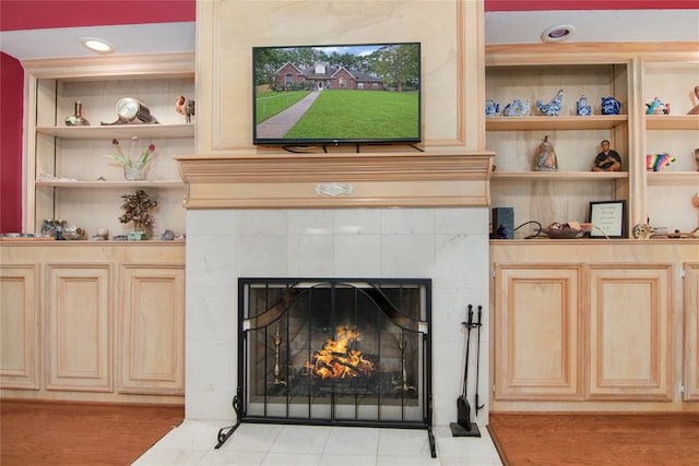 room details with a tiled fireplace and built in shelves