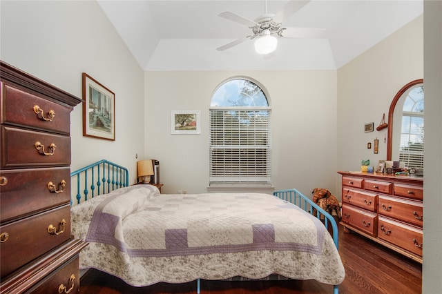 bedroom with ceiling fan and dark hardwood / wood-style floors