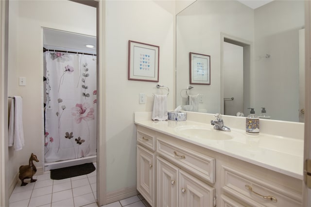 bathroom with vanity, tile patterned floors, and a shower with shower curtain