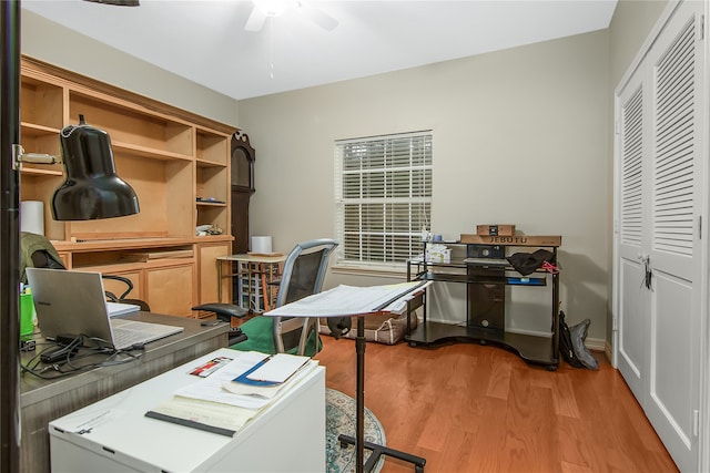 office with ceiling fan and light hardwood / wood-style flooring