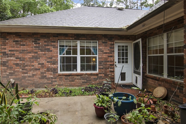 doorway to property featuring a patio area, brick siding, and roof with shingles