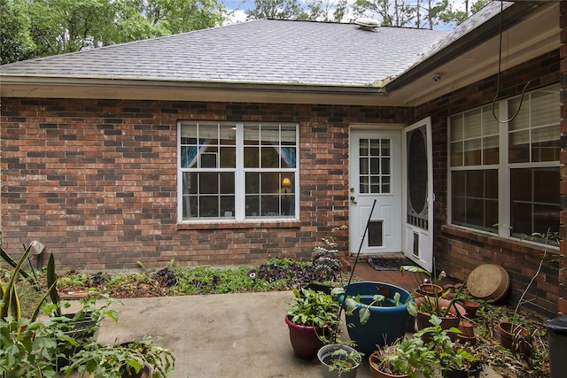 view of exterior entry with brick siding, a shingled roof, and a patio