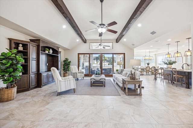 living room with sink, a wealth of natural light, high vaulted ceiling, and beamed ceiling