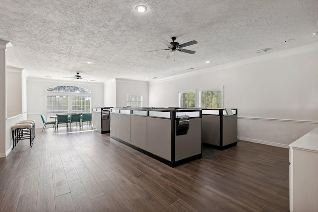 kitchen with dark wood-type flooring, ceiling fan, crown molding, and a textured ceiling