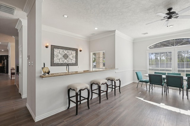 kitchen with ornamental molding, dark hardwood / wood-style floors, and a wealth of natural light