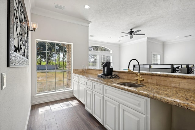 kitchen with dark hardwood / wood-style floors, white cabinetry, sink, light stone counters, and a textured ceiling