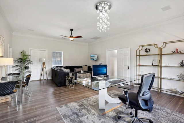 office area with ceiling fan with notable chandelier and ornamental molding