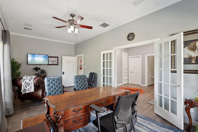 office space with french doors, ceiling fan, crown molding, and hardwood / wood-style flooring