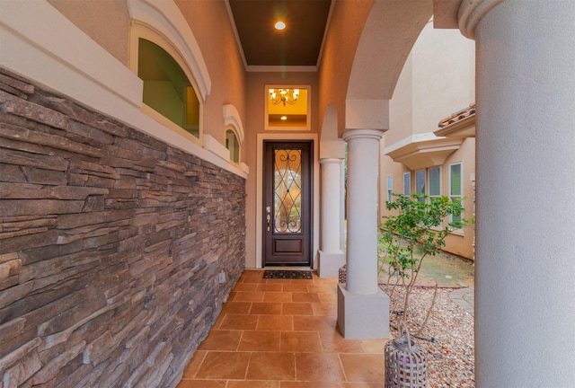 doorway to property with stucco siding