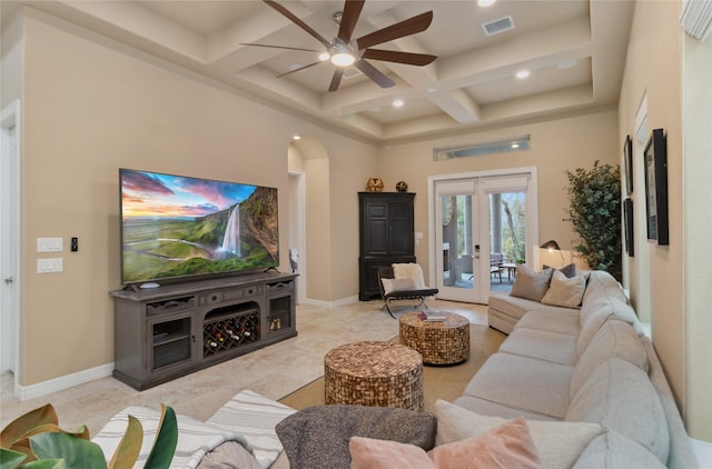 living room featuring visible vents, baseboards, beam ceiling, french doors, and coffered ceiling