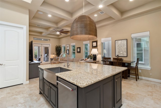 kitchen with coffered ceiling, a sink, french doors, stainless steel dishwasher, and open floor plan