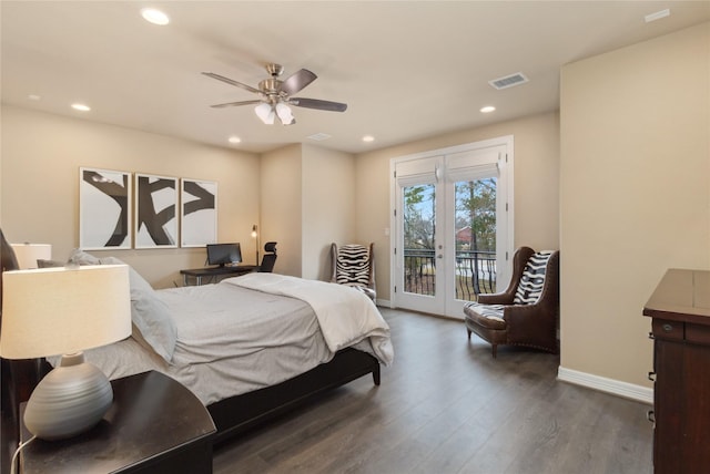 bedroom with wood finished floors, visible vents, baseboards, recessed lighting, and access to exterior