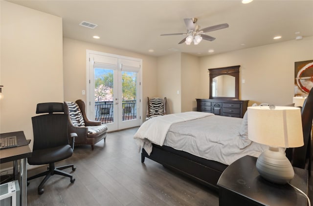 bedroom with wood finished floors, visible vents, recessed lighting, french doors, and access to outside