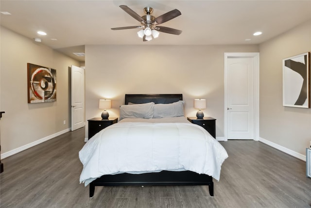 bedroom with recessed lighting, ceiling fan, baseboards, and wood finished floors