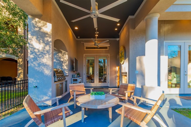 view of patio featuring a ceiling fan, french doors, and a grill