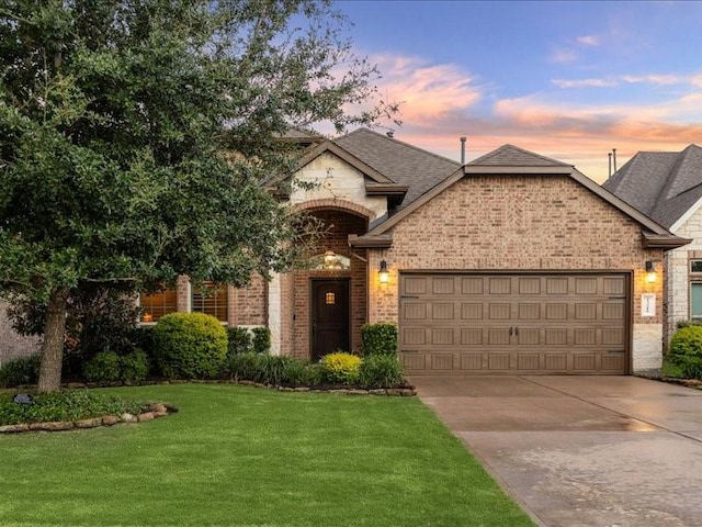 view of front of property with a garage and a yard