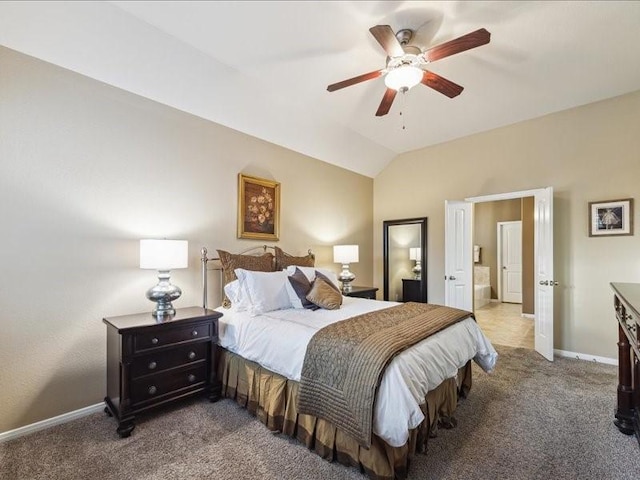 bedroom featuring ceiling fan, lofted ceiling, and carpet flooring