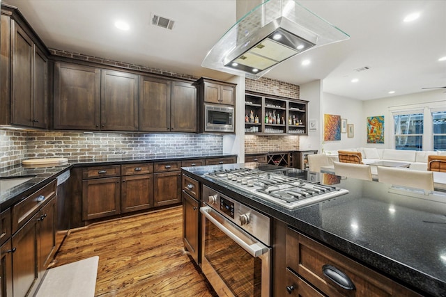 kitchen with tasteful backsplash, island exhaust hood, dark brown cabinetry, stainless steel appliances, and light hardwood / wood-style flooring