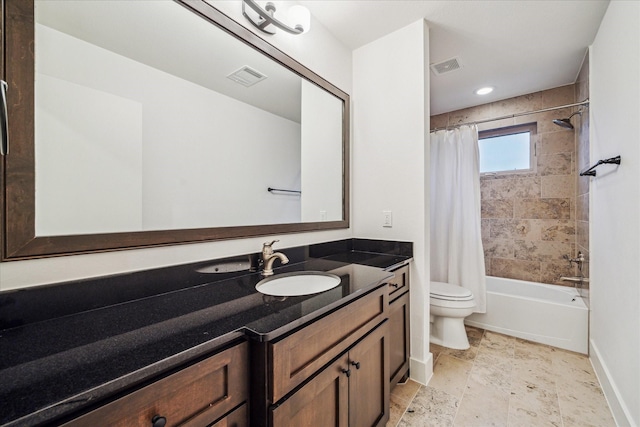 full bathroom with vanity, shower / bathtub combination with curtain, and toilet