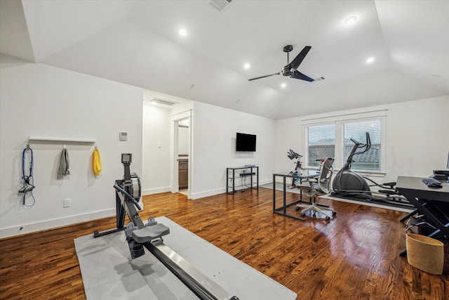 exercise room featuring lofted ceiling, hardwood / wood-style floors, and ceiling fan