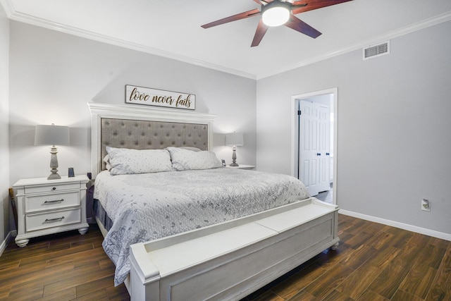 bedroom featuring crown molding, ceiling fan, and dark hardwood / wood-style flooring