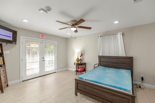 bedroom featuring access to exterior, ceiling fan, and french doors