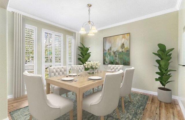 dining room with an inviting chandelier, hardwood / wood-style floors, and ornamental molding