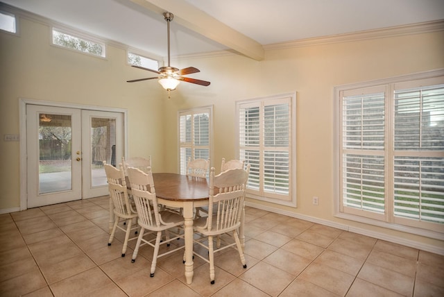 tiled dining space with crown molding, ceiling fan, beam ceiling, and french doors