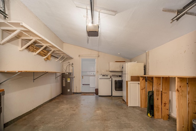 garage with water heater, washer and dryer, and a garage door opener