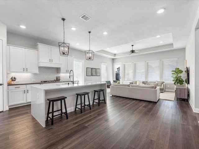 kitchen with white cabinetry, a tray ceiling, a kitchen breakfast bar, and a kitchen island with sink