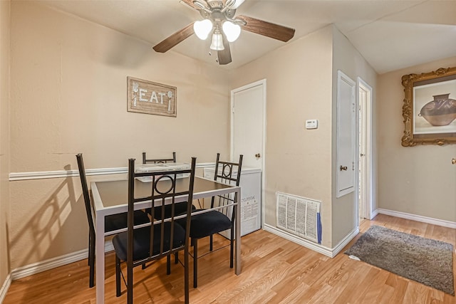 dining area featuring ceiling fan and light hardwood / wood-style floors