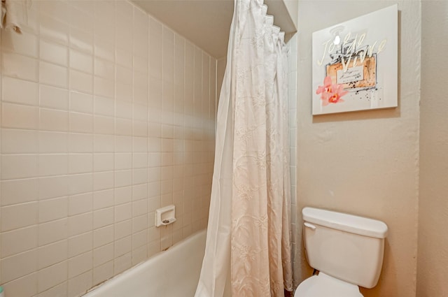 bathroom with toilet and shower / bathtub combination with curtain