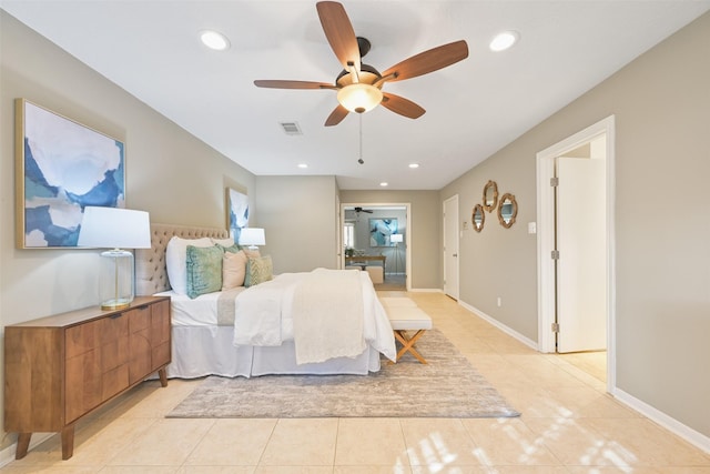 tiled bedroom with ceiling fan