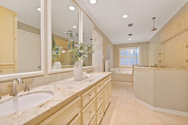 bathroom featuring vanity, ornamental molding, tile patterned floors, and separate shower and tub