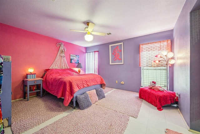 bedroom with a textured ceiling and ceiling fan