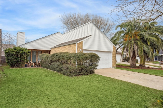 view of property exterior featuring a garage and a yard