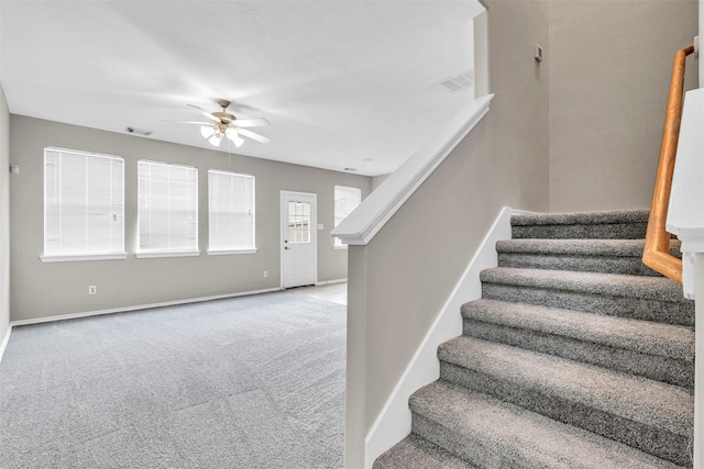 stairway with ceiling fan and carpet floors