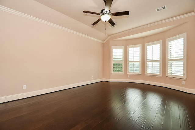 unfurnished room featuring crown molding, wood-type flooring, ceiling fan, and vaulted ceiling