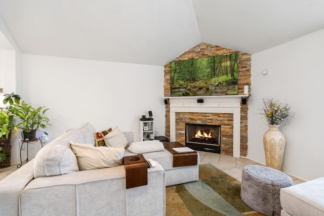 living room with lofted ceiling and a fireplace