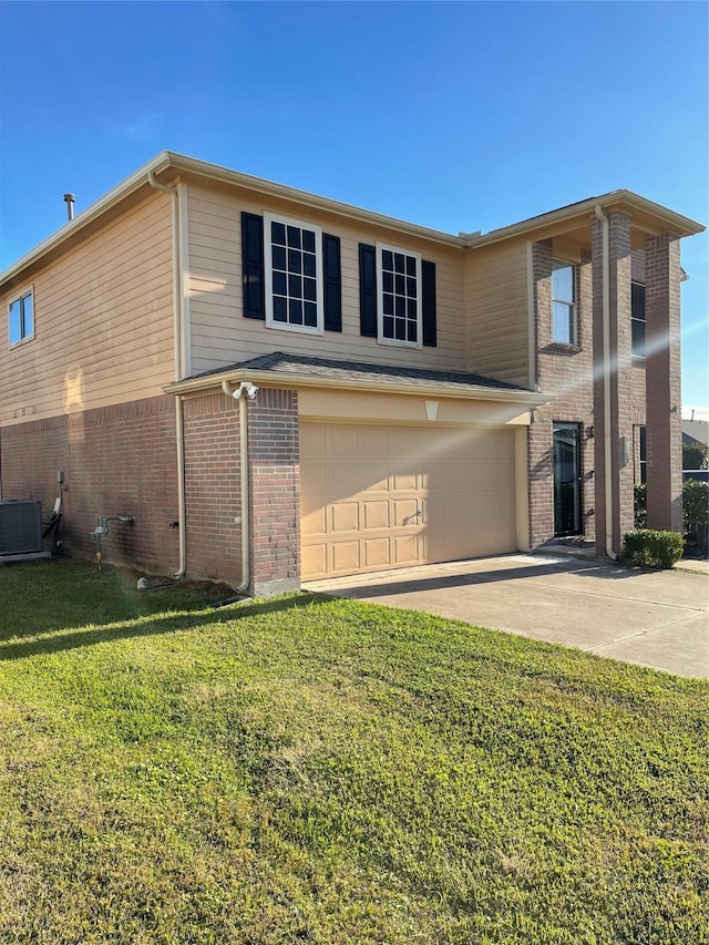 view of front property with a garage, central AC unit, and a front lawn