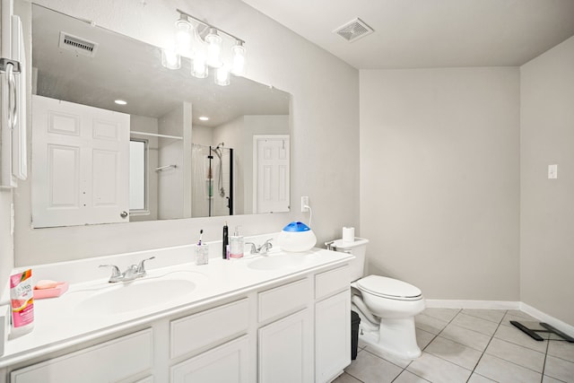 bathroom featuring tile patterned flooring, vanity, toilet, and walk in shower